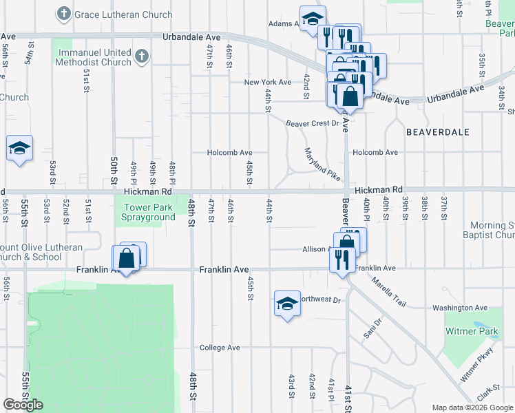 map of restaurants, bars, coffee shops, grocery stores, and more near 4400 Hickman Road in Des Moines