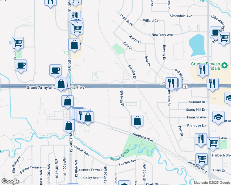 map of restaurants, bars, coffee shops, grocery stores, and more near 9550 Hickman Road in Clive