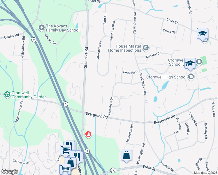 map of restaurants, bars, coffee shops, grocery stores, and more near 158 Salem Drive in Cromwell