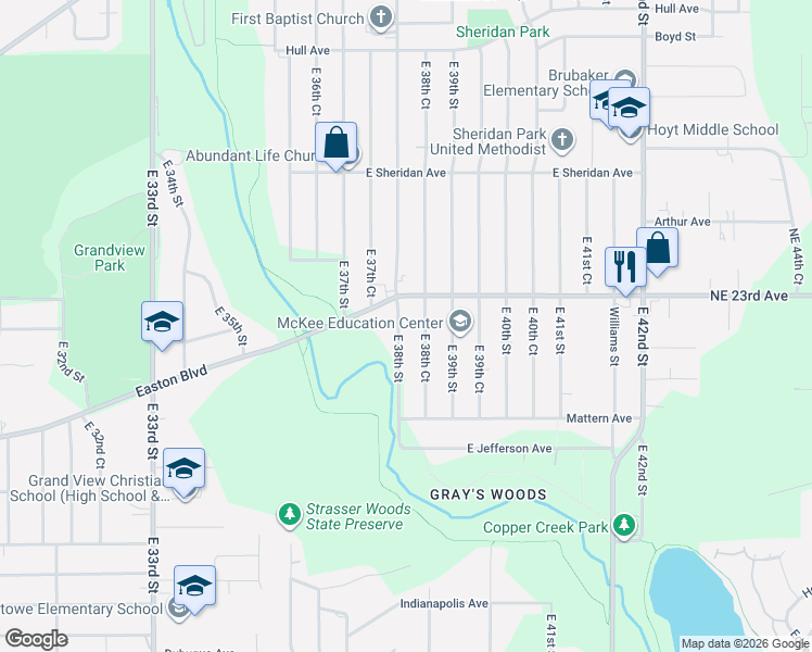 map of restaurants, bars, coffee shops, grocery stores, and more near 2211 East 38th Street in Des Moines