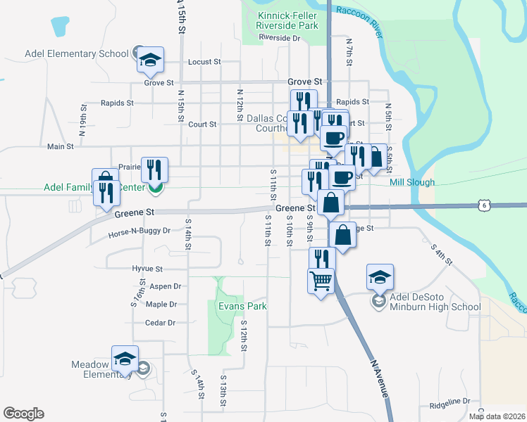 map of restaurants, bars, coffee shops, grocery stores, and more near 1120 Greene Street in Adel