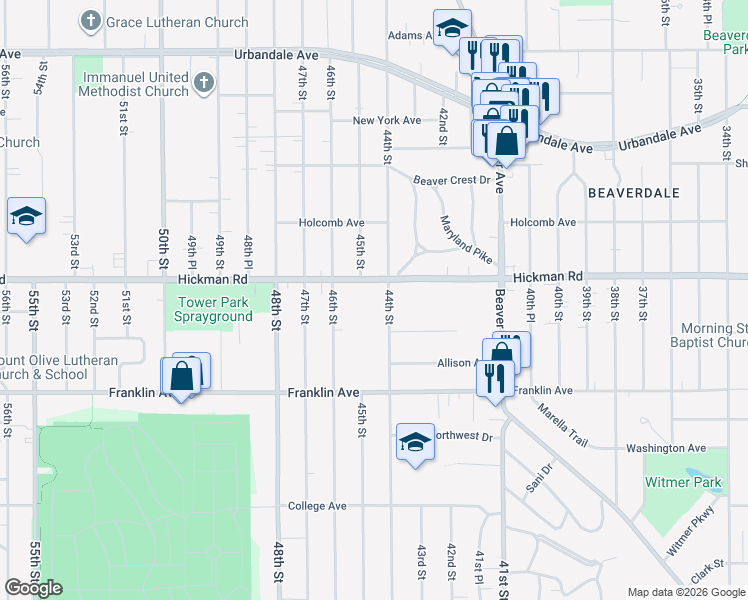 map of restaurants, bars, coffee shops, grocery stores, and more near 4400 Hickman Road in Des Moines