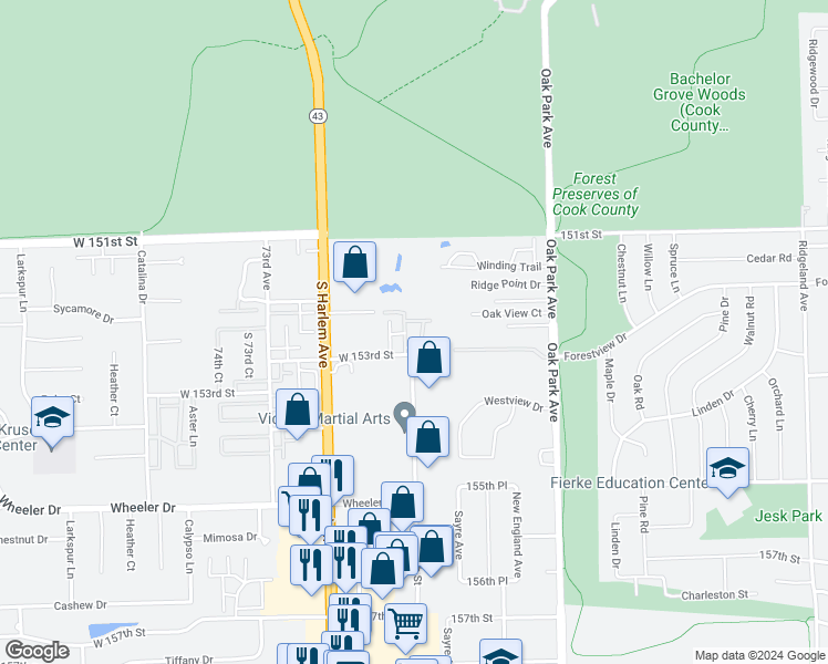 map of restaurants, bars, coffee shops, grocery stores, and more near 6975 Heritage Circle in Orland Park