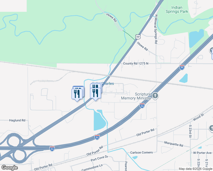 map of restaurants, bars, coffee shops, grocery stores, and more near 1390 Lawson Ln in Porter