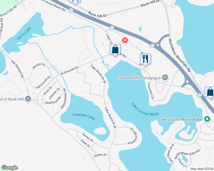 map of restaurants, bars, coffee shops, grocery stores, and more near 160 Lake Shore Drive West in Rock Hill