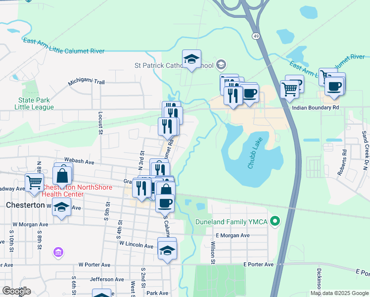 map of restaurants, bars, coffee shops, grocery stores, and more near 199 Lindall Avenue in Chesterton