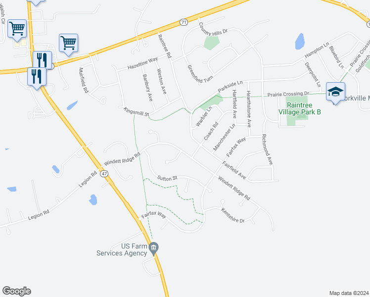 map of restaurants, bars, coffee shops, grocery stores, and more near 481 Windett Ridge Road in Yorkville