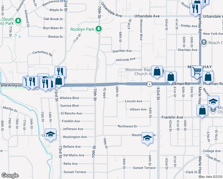 map of restaurants, bars, coffee shops, grocery stores, and more near 2230 68th Street in Windsor Heights
