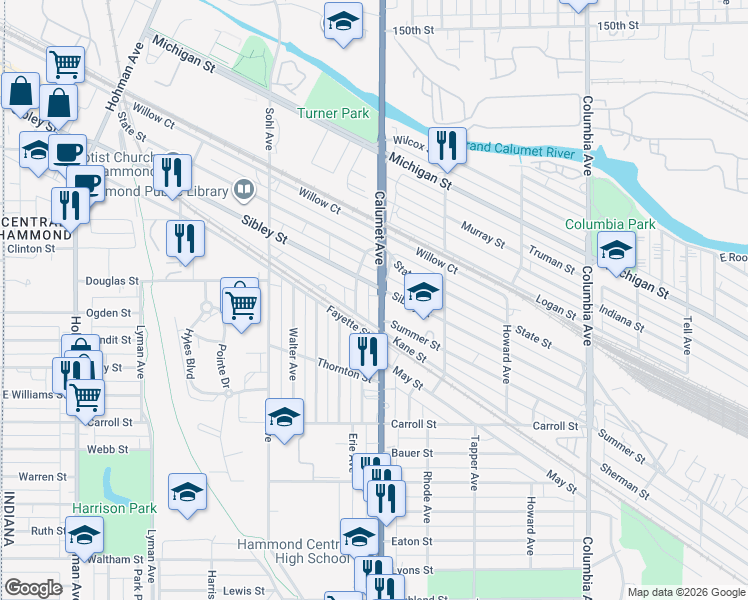 map of restaurants, bars, coffee shops, grocery stores, and more near 5444 Calumet Avenue in Hammond