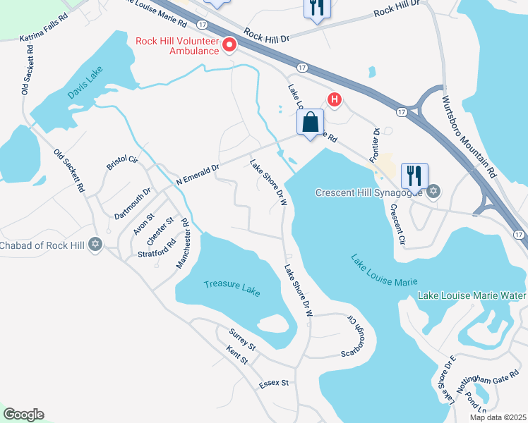 map of restaurants, bars, coffee shops, grocery stores, and more near 18 Lakeview Court in Rock Hill