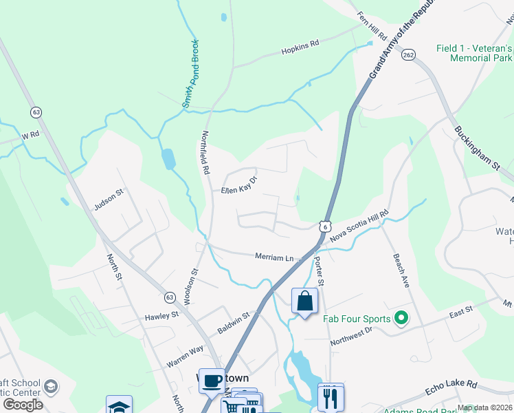 map of restaurants, bars, coffee shops, grocery stores, and more near 56 Ellen Kay Drive in Watertown