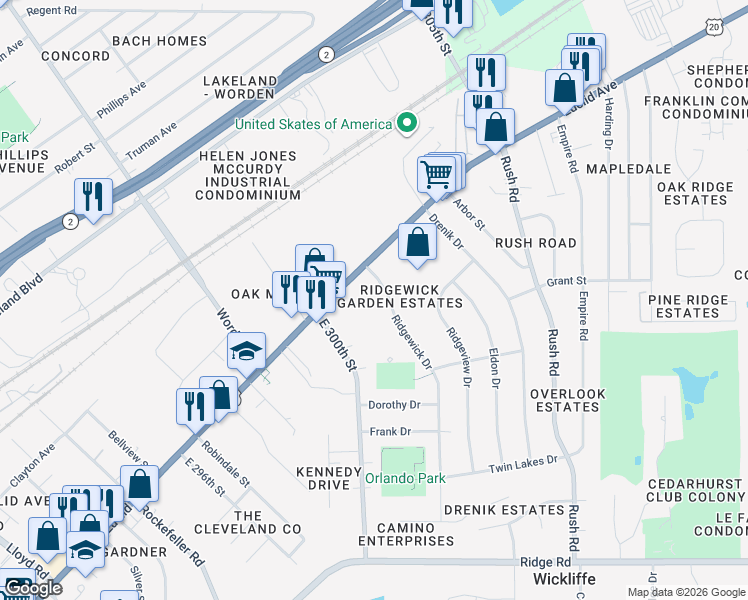 map of restaurants, bars, coffee shops, grocery stores, and more near 1531 Lee Terrace Drive in Wickliffe