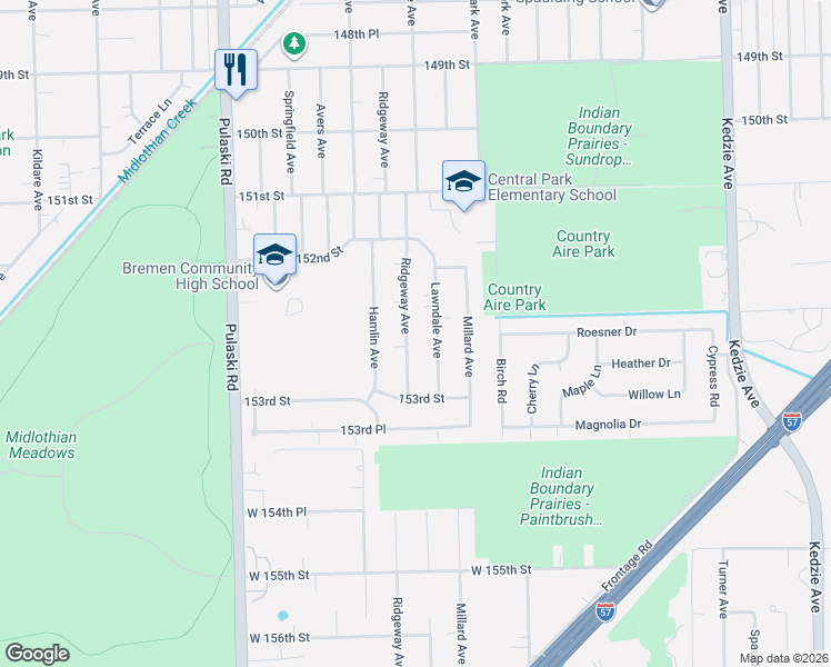 map of restaurants, bars, coffee shops, grocery stores, and more near 15238 Lawndale Avenue in Midlothian