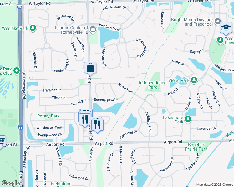 map of restaurants, bars, coffee shops, grocery stores, and more near 249 Stamford Court in Romeoville