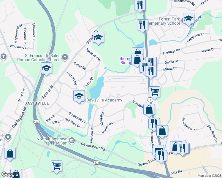 map of restaurants, bars, coffee shops, grocery stores, and more near 250 Sachem Road in North Kingstown