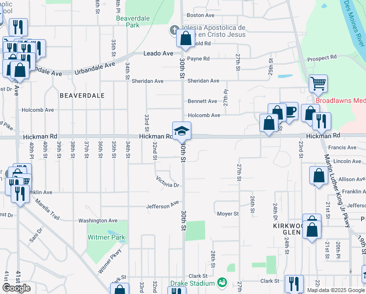 map of restaurants, bars, coffee shops, grocery stores, and more near 2250 30th Street in Des Moines