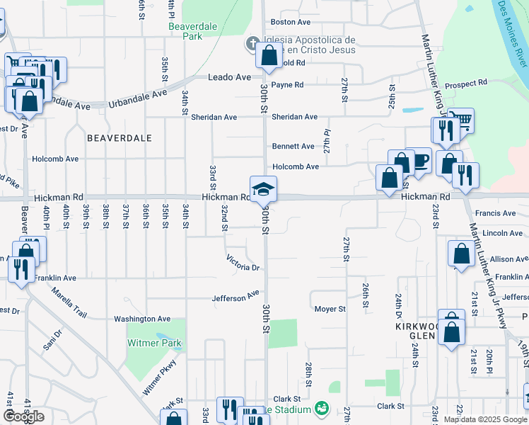 map of restaurants, bars, coffee shops, grocery stores, and more near 2250 30th Street in Des Moines