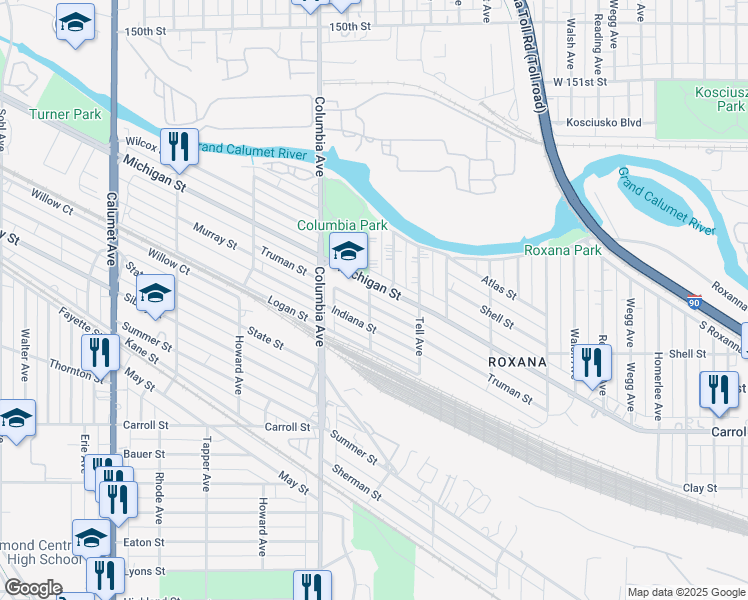 map of restaurants, bars, coffee shops, grocery stores, and more near 5400-5440 Kent St in Hammond