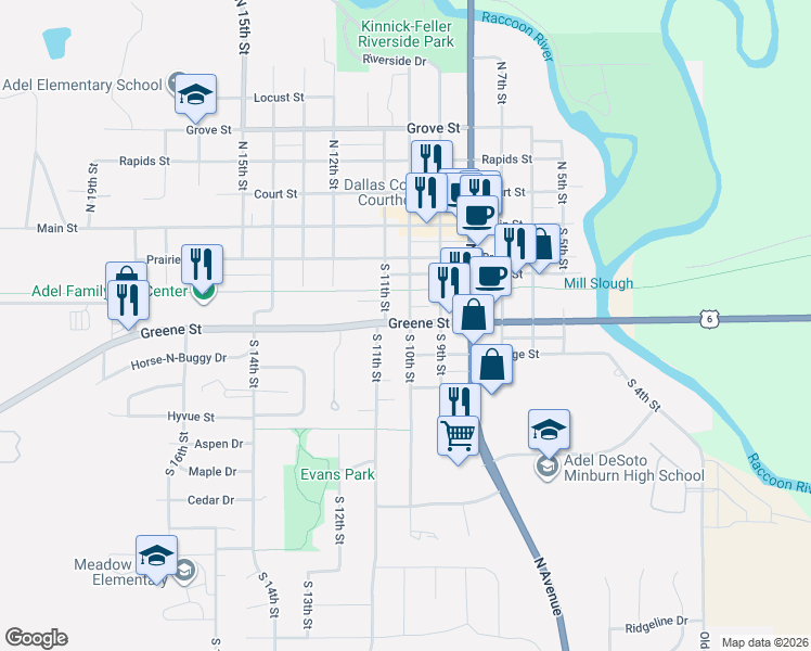 map of restaurants, bars, coffee shops, grocery stores, and more near in Adel