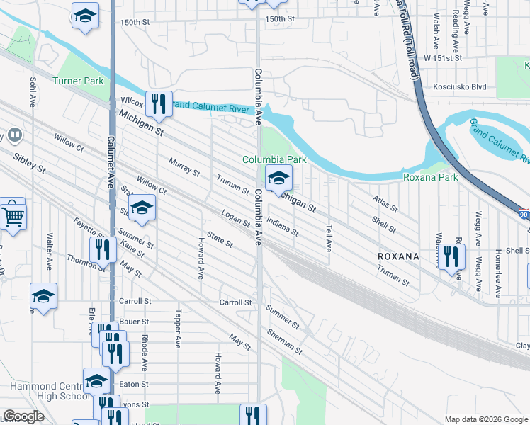 map of restaurants, bars, coffee shops, grocery stores, and more near 5439 Columbia Avenue in Hammond