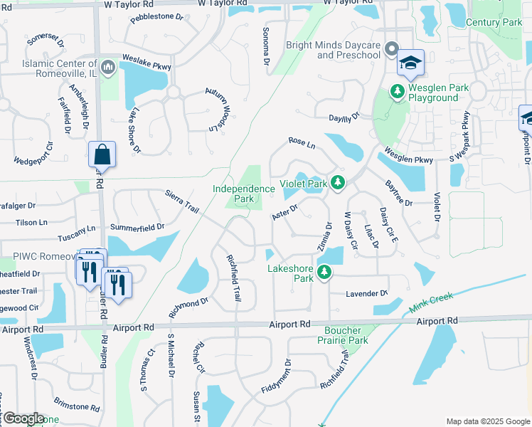 map of restaurants, bars, coffee shops, grocery stores, and more near 1652 Aster Drive in Romeoville