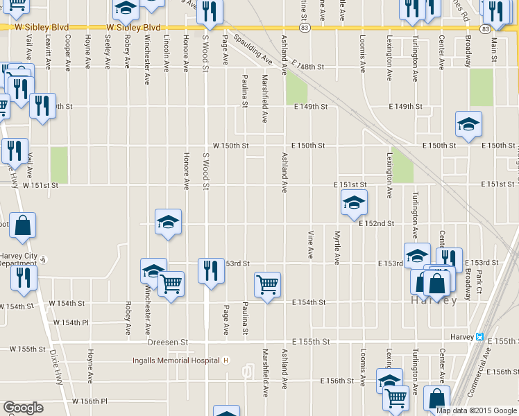 map of restaurants, bars, coffee shops, grocery stores, and more near 15117 Marshfield Avenue in Harvey