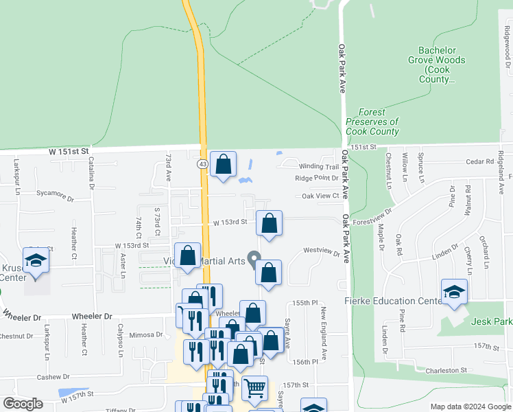 map of restaurants, bars, coffee shops, grocery stores, and more near 6975 Heritage Circle in Orland Park