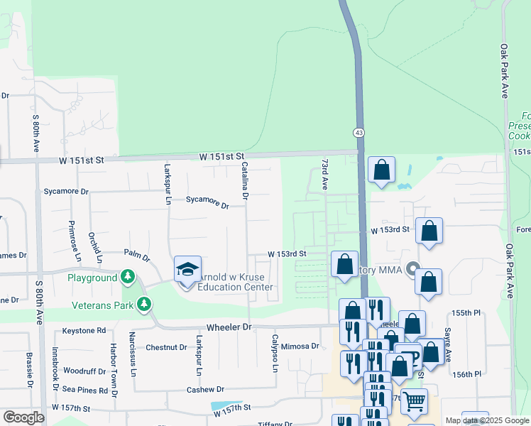 map of restaurants, bars, coffee shops, grocery stores, and more near 15229 Catalina Drive in Orland Park