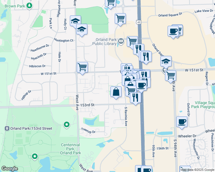 map of restaurants, bars, coffee shops, grocery stores, and more near 15210 El Cameno Terrace in Orland Park
