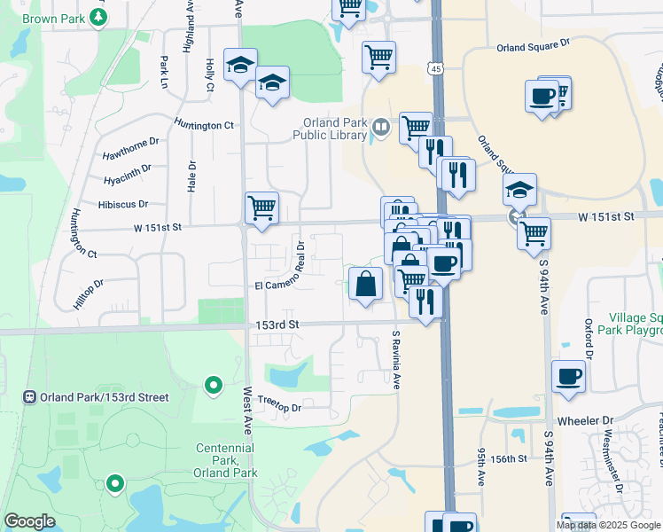 map of restaurants, bars, coffee shops, grocery stores, and more near 9855 El Cameno Lane in Orland Park
