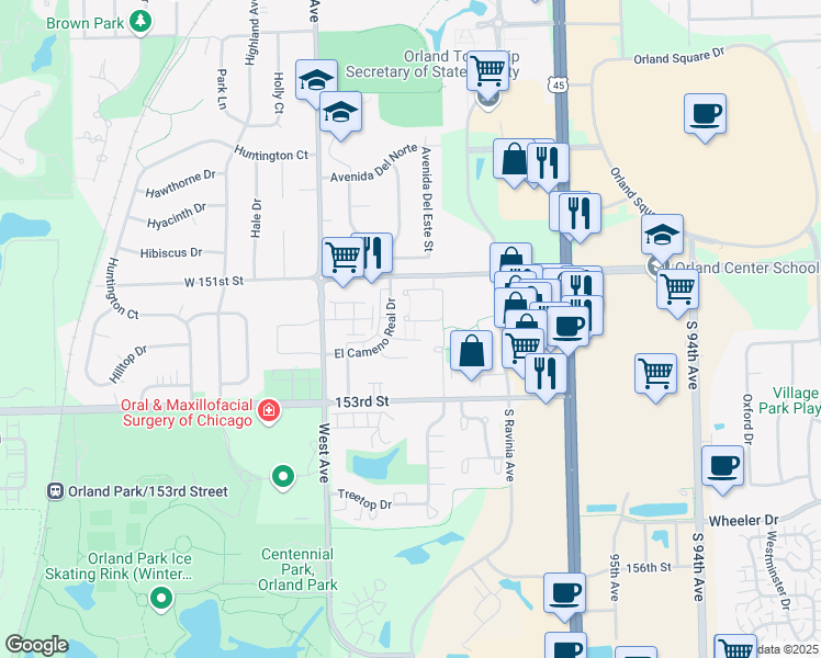 map of restaurants, bars, coffee shops, grocery stores, and more near 9855 El Cameno Lane in Orland Park