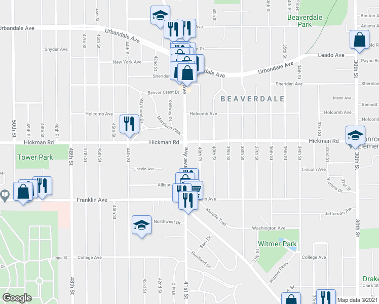 map of restaurants, bars, coffee shops, grocery stores, and more near 2214 40th Place in Des Moines