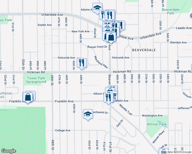 map of restaurants, bars, coffee shops, grocery stores, and more near 4210 Hickman Road in Des Moines