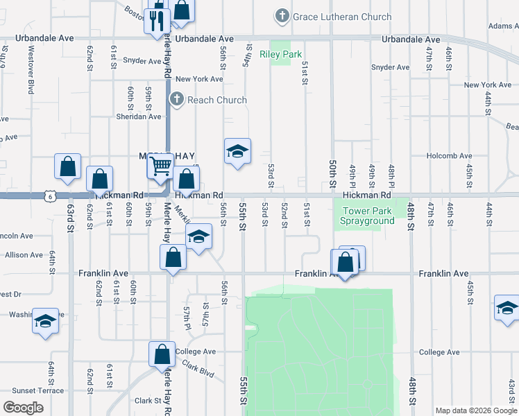 map of restaurants, bars, coffee shops, grocery stores, and more near 2217 53rd Street in Des Moines