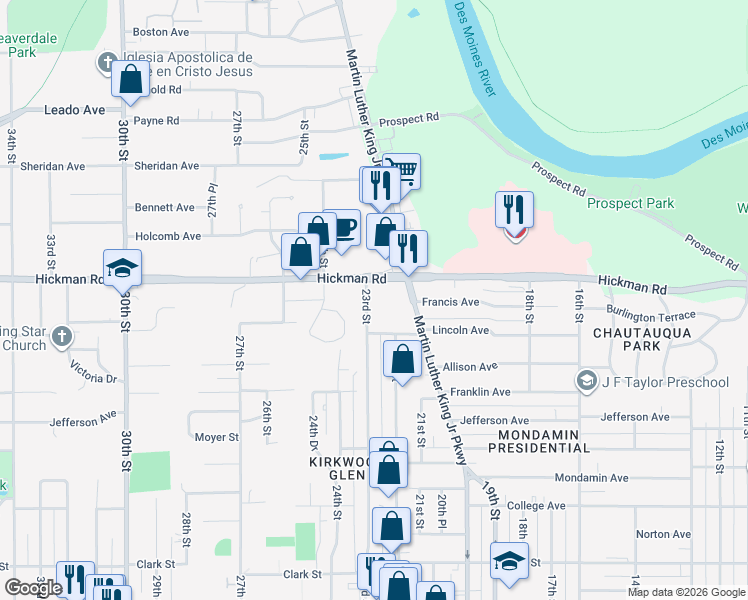 map of restaurants, bars, coffee shops, grocery stores, and more near 2131 23rd Street in Des Moines