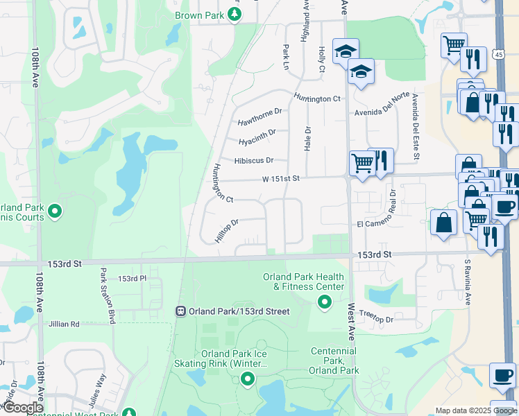 map of restaurants, bars, coffee shops, grocery stores, and more near 15140 Huntington Court in Orland Park
