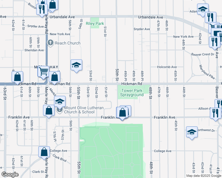 map of restaurants, bars, coffee shops, grocery stores, and more near 5012 Hickman Rd in Des Moines