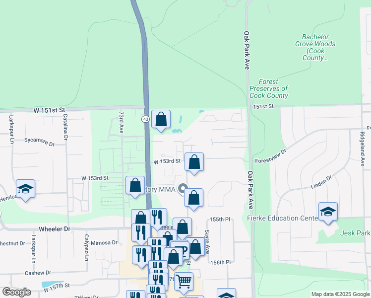map of restaurants, bars, coffee shops, grocery stores, and more near 6975 Heritage Circle in Orland Park