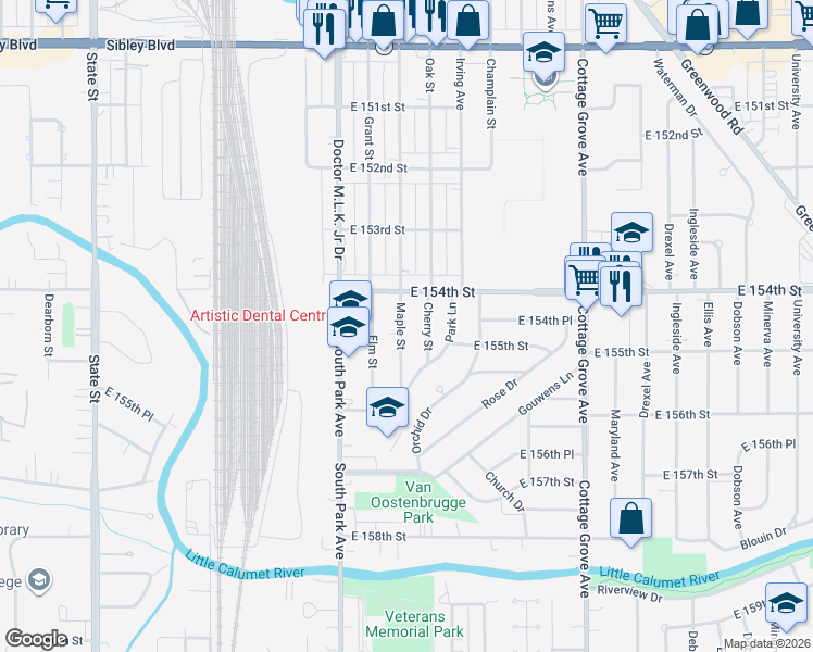 map of restaurants, bars, coffee shops, grocery stores, and more near 15429 Maple Street in South Holland