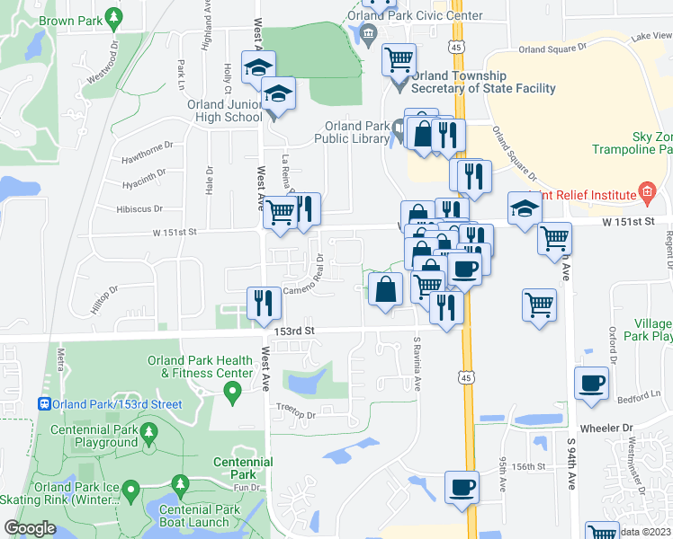 map of restaurants, bars, coffee shops, grocery stores, and more near 9855 El Cameno Lane in Orland Park