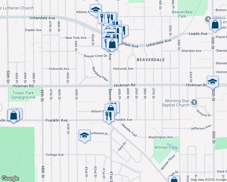 map of restaurants, bars, coffee shops, grocery stores, and more near 2214 40th Place in Des Moines