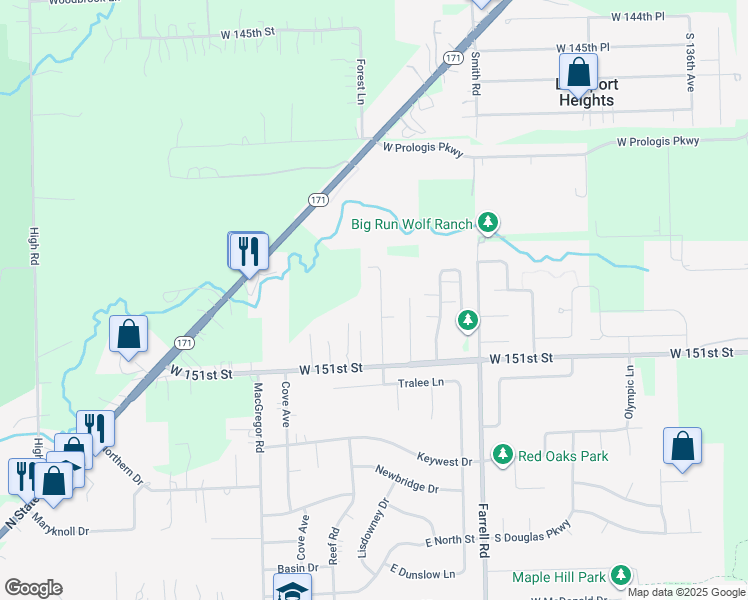 map of restaurants, bars, coffee shops, grocery stores, and more near 14928 Bunratty Drive in Lockport