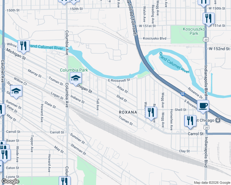 map of restaurants, bars, coffee shops, grocery stores, and more near 1453 Shell Street in Hammond