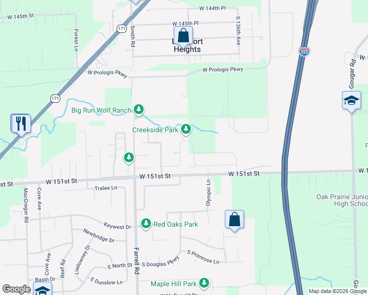 map of restaurants, bars, coffee shops, grocery stores, and more near 15001 South Hillside Drive in Lockport
