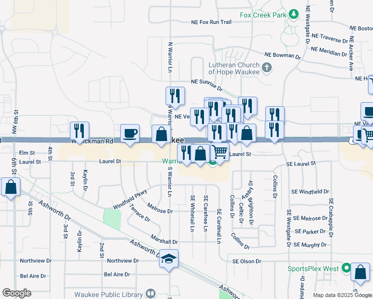 map of restaurants, bars, coffee shops, grocery stores, and more near in Waukee