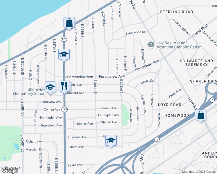 map of restaurants, bars, coffee shops, grocery stores, and more near 26986 Oriole Avenue in Euclid