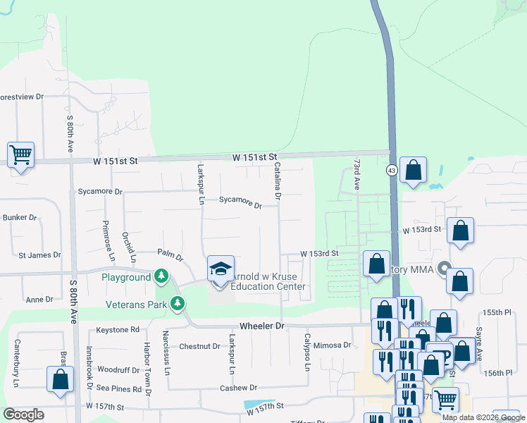 map of restaurants, bars, coffee shops, grocery stores, and more near 7515 Sycamore Drive in Orland Park