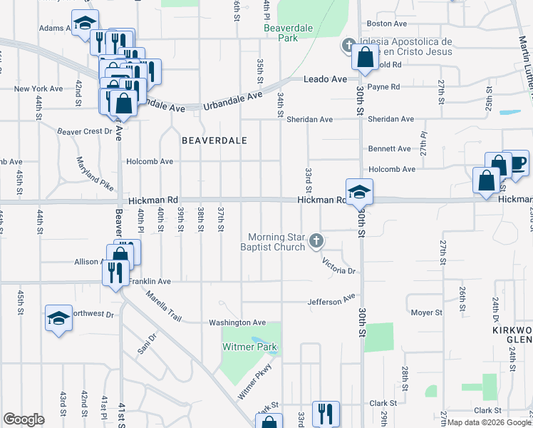 map of restaurants, bars, coffee shops, grocery stores, and more near 2211 35th Street in Des Moines