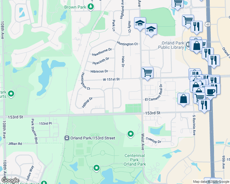 map of restaurants, bars, coffee shops, grocery stores, and more near 15147 Highland Avenue in Orland Park