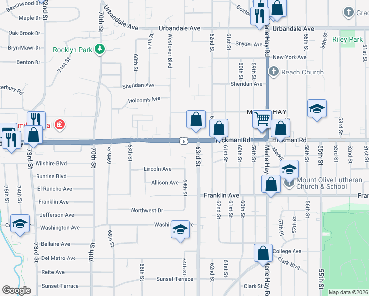 map of restaurants, bars, coffee shops, grocery stores, and more near 6322 Hickman Road in Windsor Heights
